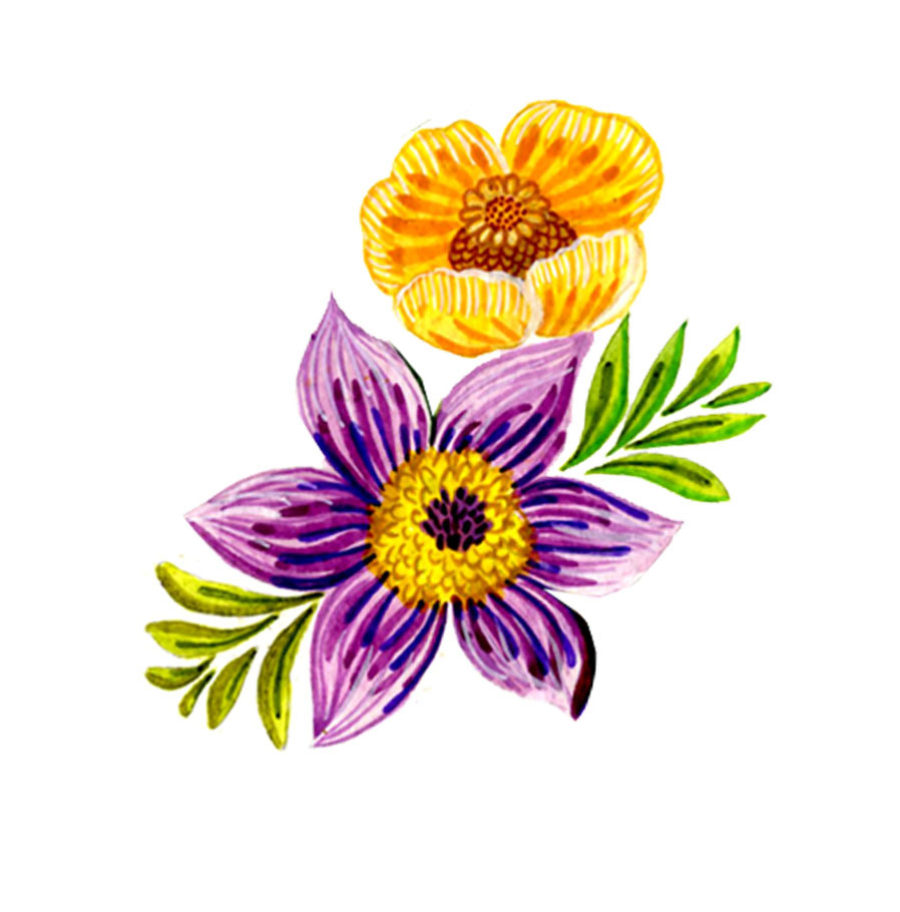 A drawing of a purple flower and a yellow flower.