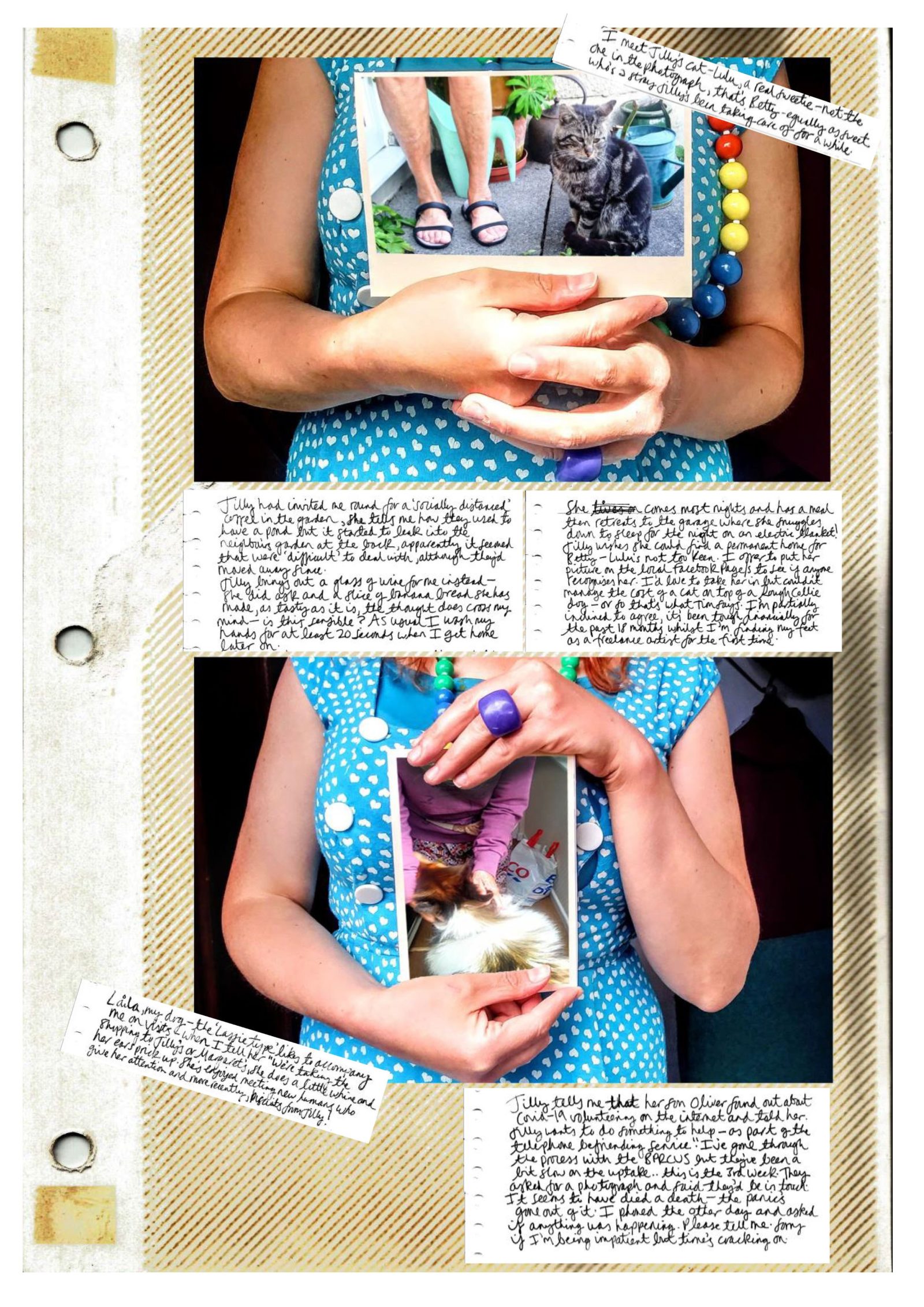 Two hands are clasped around a photograph of a cat sitting on a patio next to the bottom half of a pair of legs and another of a person feeding a cat. The hands belong to someone in a bright blue dress. Around the images are handwritten messages.