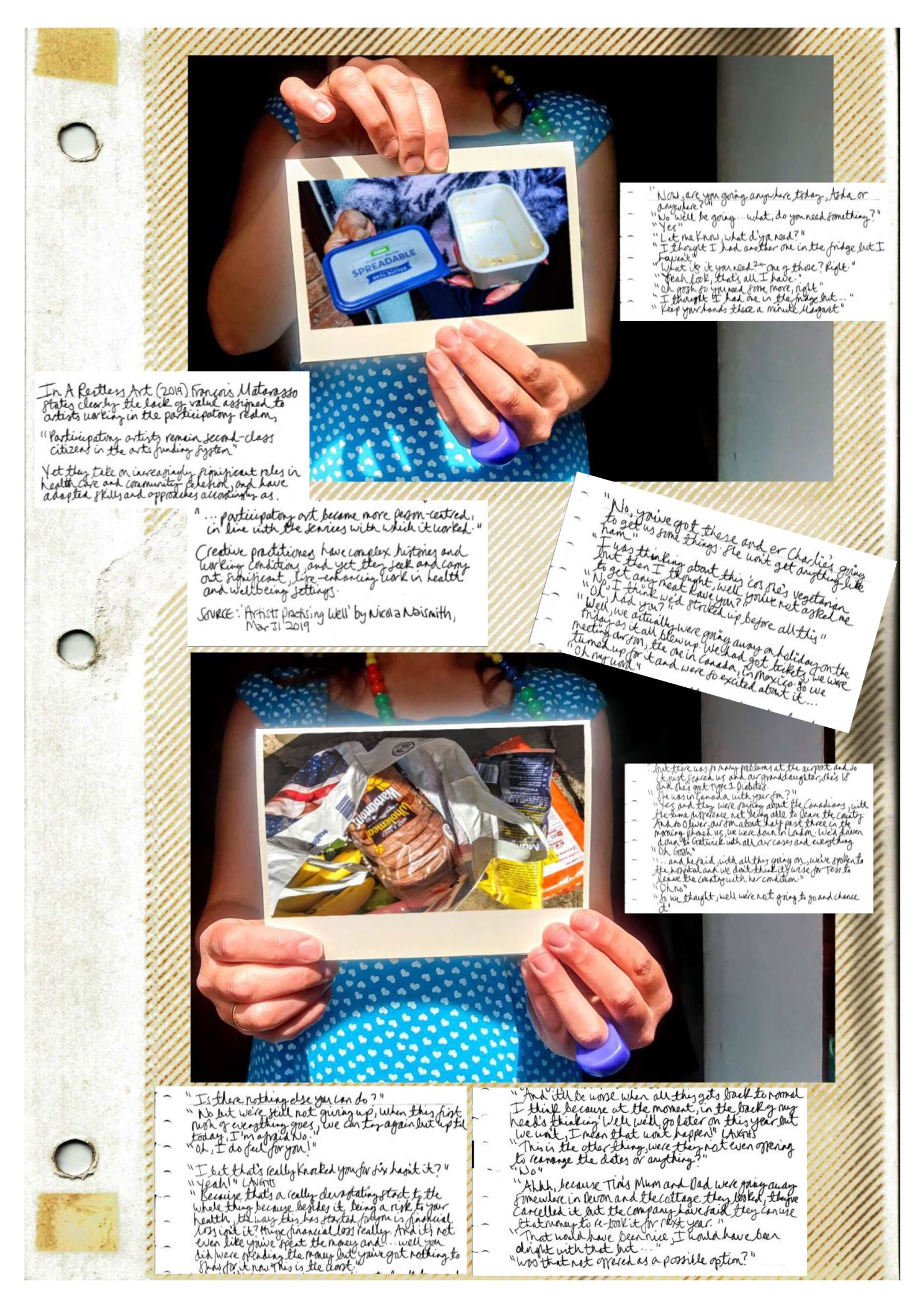 Two hands are clasped around a photograph of a shopping bag full of food and another of an empty pot of margarine. The hands belong to someone in a bright blue dress. Around the images are handwritten messages.