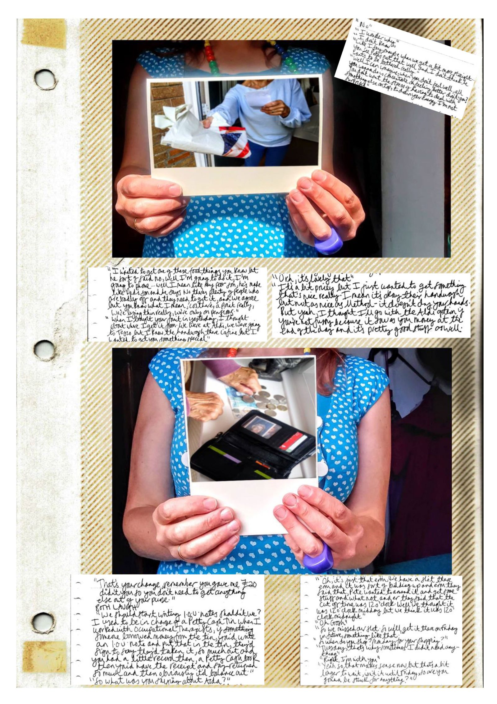 Two hands are clasped around a photograph of a person holding out an empty, folded shopping bag and another of a purse and cash on a shop counter. The hands belong to someone in a bright blue dress. Around the images are handwritten messages.
