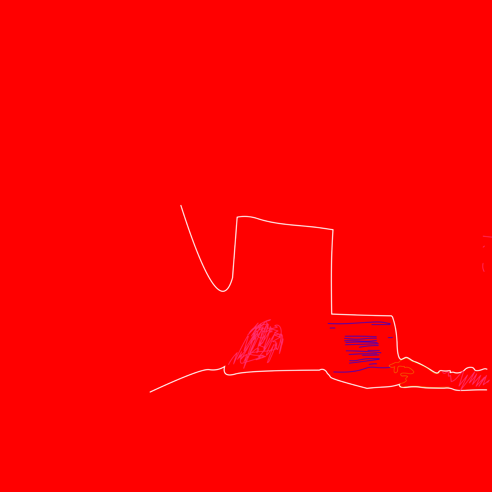 A red background with white line drawings.