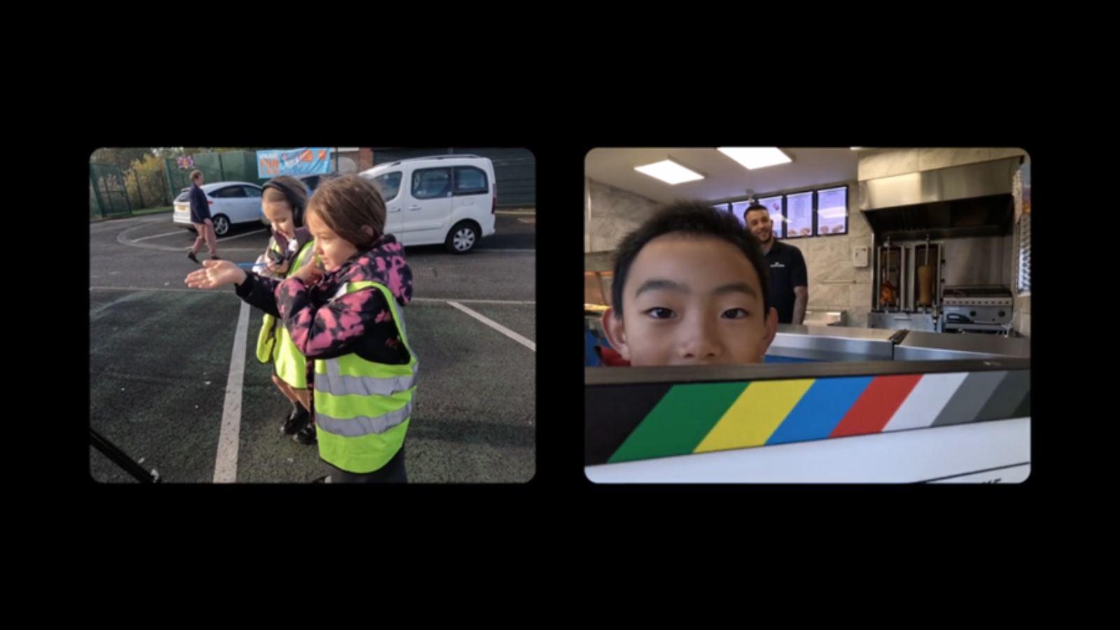 Film Still featuring a split screen: on one side children in hi-vis vests look off to the left, on the other side a child uses a clapperboard