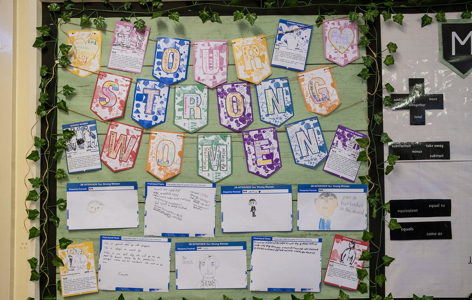 On a board in a primary school, there is bunting that reads 'Our Strong Women' coloured in and written on in colourful crayons, with 'Powerful portraits' by children underneath. There are vines of ivy hung around the edge of the board.